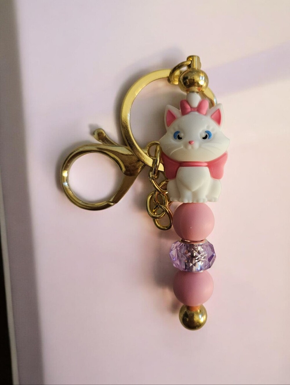 Cute White Cat Pink Bead Keychain